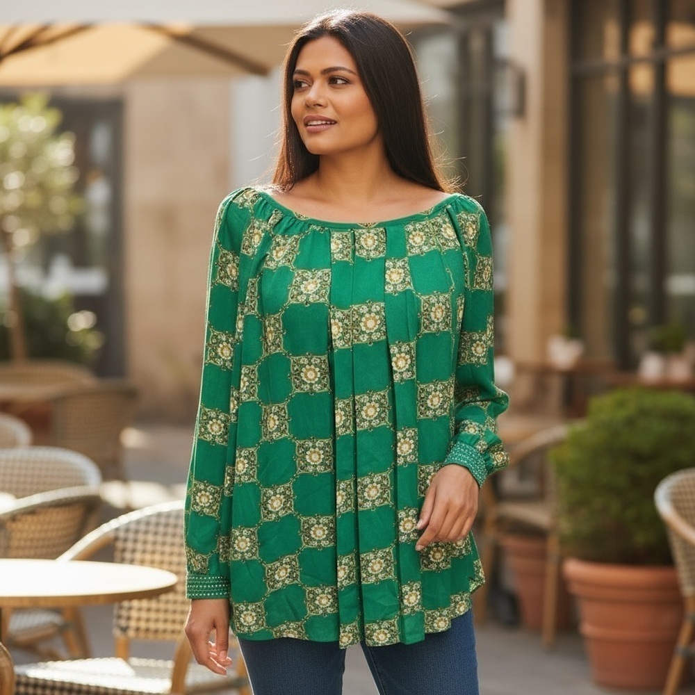 Alfani Green Baroque Print Studded Cuff Blouse Size 12